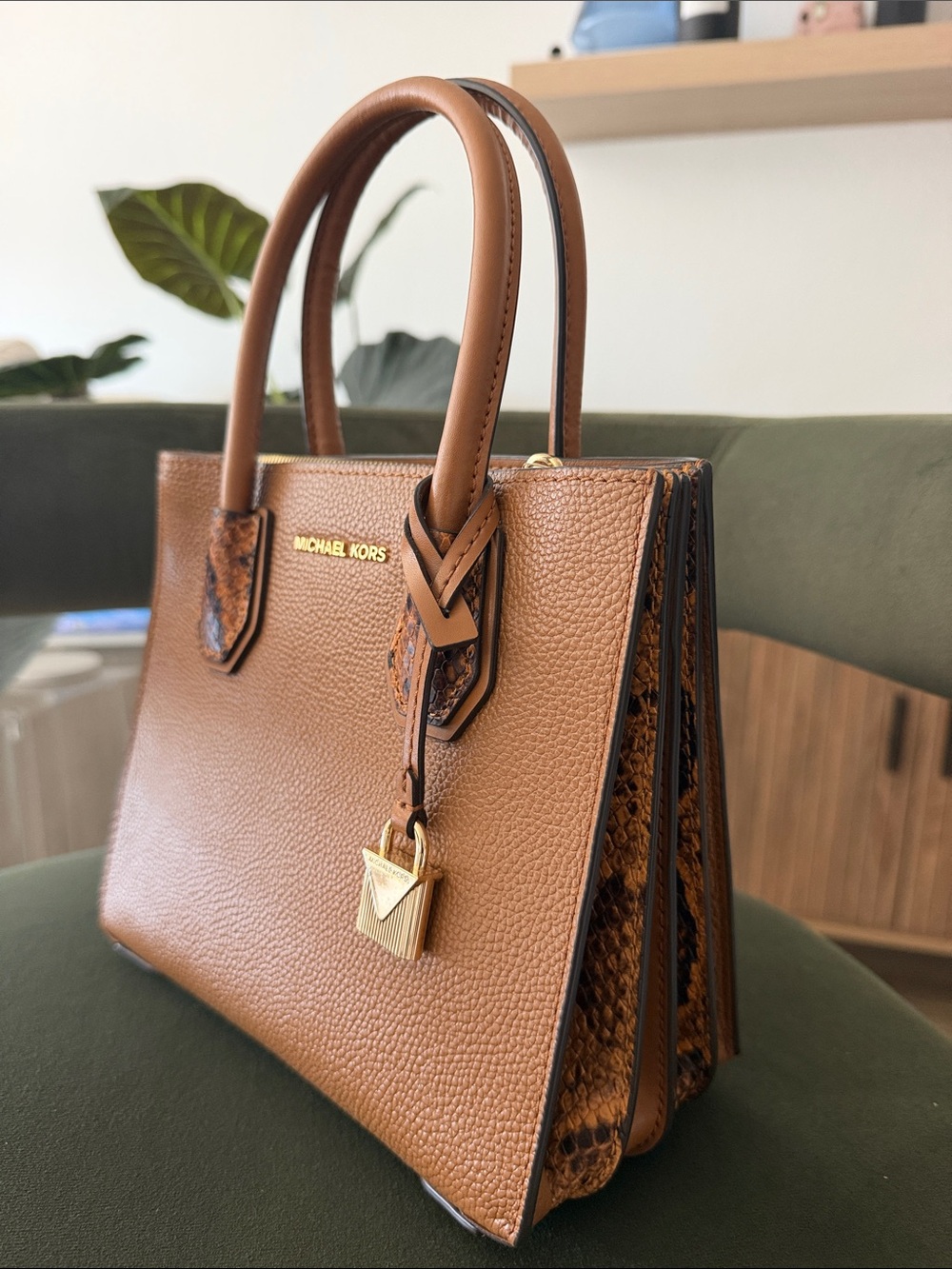 Michael Kors Tan Pebbled Leather Satchel with Snake-Trim